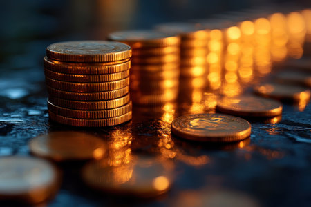 Several coins are stacked neatly, casting reflections and intricate shadows in warm light.の写真素材