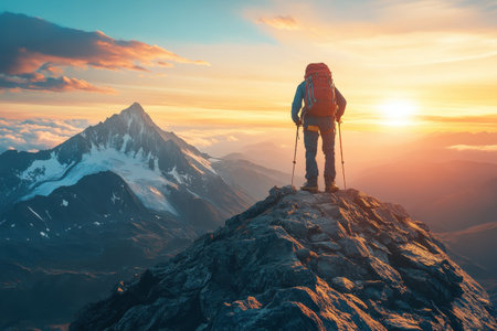 A person enjoys the breathtaking view from a rocky summit during sunset, surrounded by majestic mountains.の写真素材