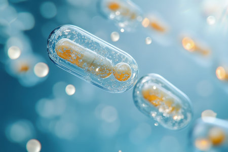 Capsules are floating in a clear liquid, revealing intricate details of their composition and texture.の写真素材