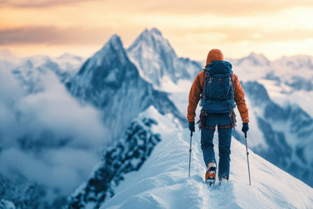 A lone hiker navigates the snowy mountain terrain, surrounded by majestic peaks as the sun sets.の写真素材
