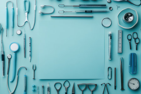 Various dental instruments are neatly organized around an empty sheet on a soothing blue surface.の写真素材