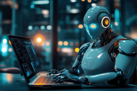 A humanoid robot types on a laptop in a modern office illuminated by glowing lights at night.の写真素材