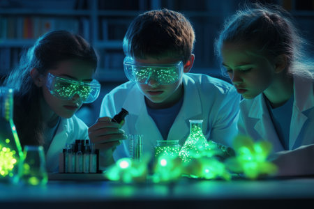 Three young scientists in lab coats observe glowing liquids in beakers, showcasing curiosity and teamwork at night.の写真素材