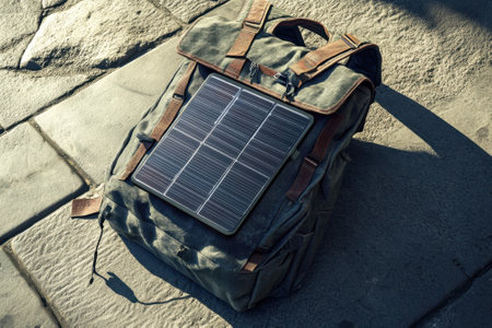 A sturdy backpack with a solar panel sits on a stone surface, showcasing modern outdoor gear for eco-friendly travel.の写真素材