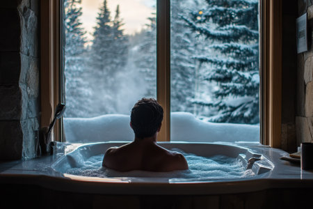 A person enjoys a soak in a hot tub while surrounded by a beautiful snowy landscape outside.の写真素材