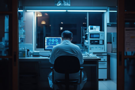 A researcher is focused on computer analysis in a dimly lit laboratory at night, surrounded by equipment.の写真素材