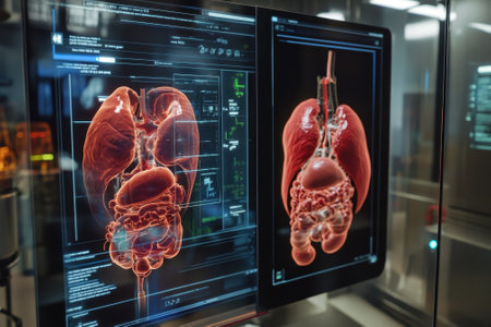 Advanced digital screens showcase 3D renderings of lungs and heart anatomy in a medical research facility.の写真素材