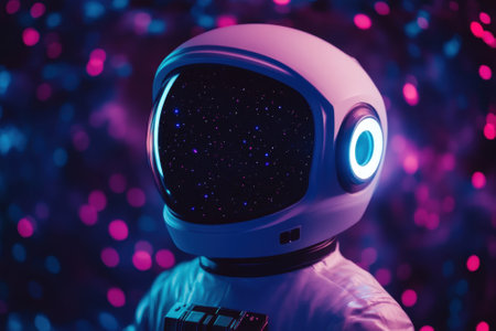 A detailed close-up of an astronaut helmet showcasing a starry universe and colorful lights, conveying cosmic adventure.の写真素材