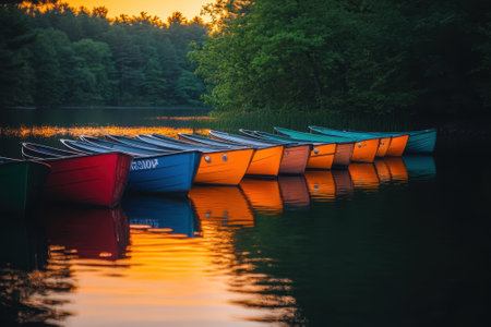 Row of vibrant boats reflecting in calm water at twilight, surrounded by lush trees and a tranquil lake.の写真素材
