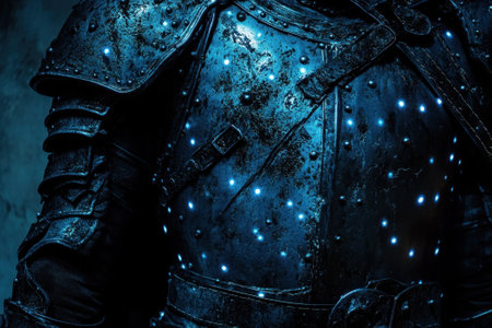A heavily armored figure with glowing blue lights stands against a dark backdrop, evoking an enigmatic vibe.の写真素材
