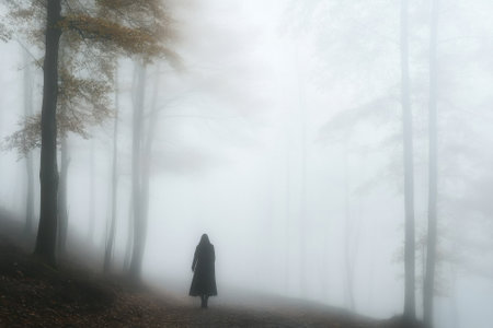 A cloaked person strolls in a dense fog along a wooded trail in autumn, surrounded by trees.の写真素材