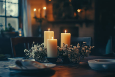 Three lit candles stand elegantly surrounded by small flowers in a warm, inviting dining atmosphere.の写真素材