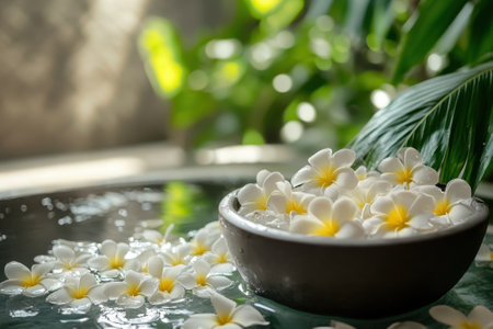 A bowl of white flowers floats on water, surrounded by lush green leaves in a serene setting.の写真素材