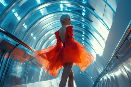 A woman in a flowing red dress gracefully twirls in a sleek, illuminated tunnel in an urban setting.の写真素材