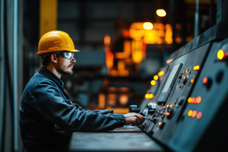 A professional adjusts machinery controls in a busy manufacturing plant at night, ensuring efficiency.の写真素材
