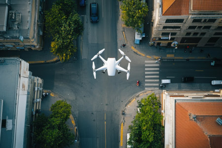 Drone research displays a busy city intersection surrounded by quaint buildings and trees during daytime.の写真素材