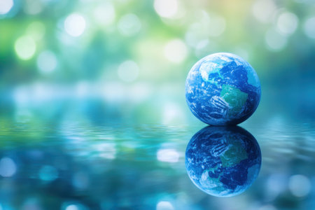 A detailed globe of Earth rests on calm water, reflecting vibrant colors and a serene landscape backdrop.の写真素材