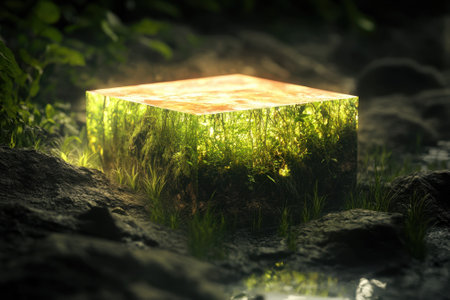 A cube emits a glowing light in a serene location, surrounded by vibrant green moss and rocks.の写真素材