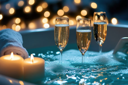 Clear bubbling water fills the tub, flanked by candles and sparkling drinks for a serene evening.の写真素材