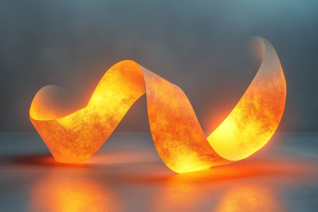 A vibrant, twisting ribbon sculpture emits a warm glow, creating a striking visual impact in the gallery.の写真素材