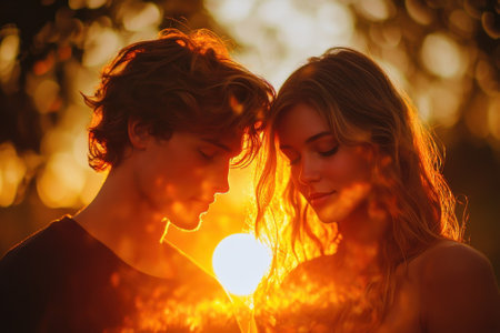 Young couple shares a tender moment during sunset, surrounded by nature's warm glow and soft light.の写真素材