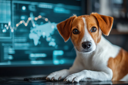 A curious dog lies on a desk, gazing at a digital display filled with graphs and data.の写真素材