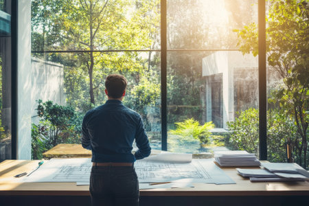 A professional examines architectural plans while standing in a bright office with large windows.の写真素材