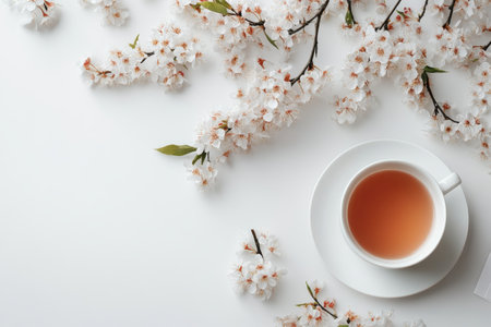 A cup of tea sits on a white surface, adorned with beautiful cherry blossom branches in spring.の写真素材