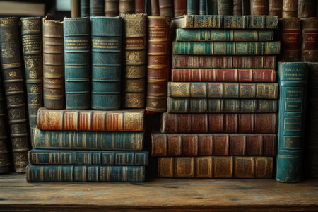 A collection of antique leather-bound books arranged meticulously on a wooden shelf in a library.の写真素材