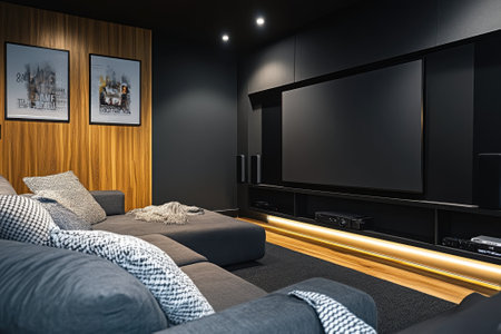 Cozy seating arrangements complement a modern home theater with a large screen and stylish decor.の写真素材