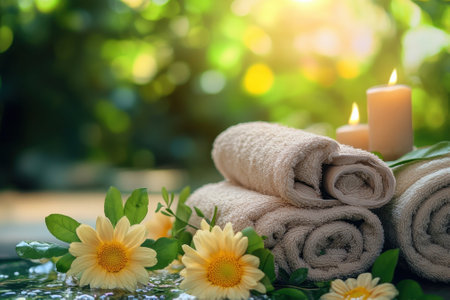 Soft towels are arranged next to lit candles and fresh flowers on a calm water surface in a tranquil setting.の写真素材
