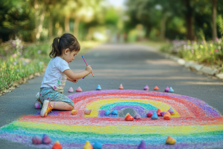 A young girl draws a vibrant rainbow using chalk on the pavement in a peaceful park surrounded by greenery.の写真素材