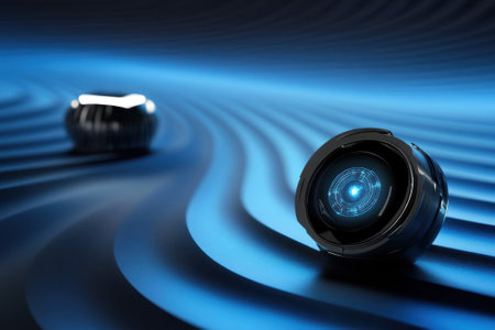 Two sleek camera lenses rest on a blue wavy surface, illuminated by an ethereal glow, creating depth and intrigue.の写真素材