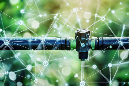 A modern irrigation system with connected technology operating in a lush agricultural field under sunlight.の写真素材