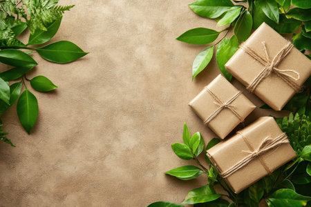 Wrapped gifts sit among lush green leaves on a soft, textured background, creating a serene atmosphere.の写真素材