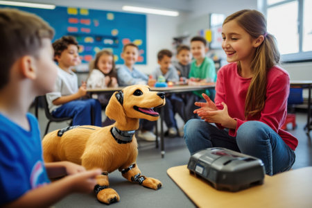 Children interact with a robotic dog in a classroom, showing engagement during a technology lesson.の写真素材