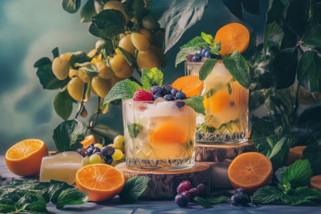 Two elegant cocktails are garnished with fresh mint and colorful fruits, set against a lush green backdrop.の写真素材