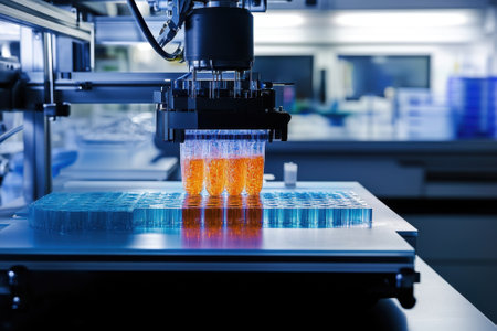 Advanced equipment dispenses and analyzes colored liquids in a modern laboratory setting.の写真素材