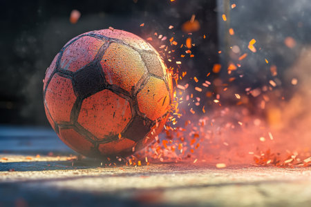 A soccer ball hits the surface, creating a burst of colorful sparks and dust in a dynamic outdoor setting.の写真素材