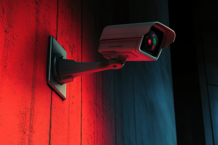 A security camera is fixed to a wall, highlighted by red lighting, emphasizing its surveillance purpose.の写真素材