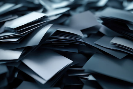 A chaotic assortment of black paper sheets lies scattered, creating a textured and layered visual effect.の写真素材