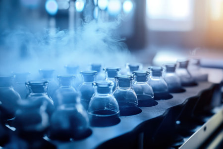Various glass vessels filled with substances release steam in a laboratory setting during experiments.の写真素材