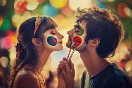 Two young adults share a moment while painting each other's faces during a vibrant outdoor festival at dusk.の写真素材