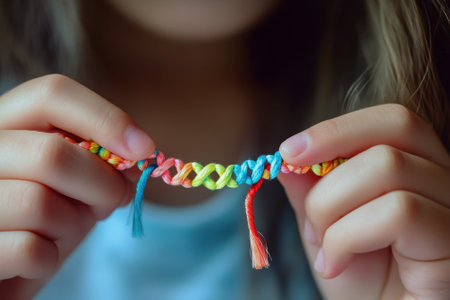 Hands of a child holding a vibrant friendship bracelet, showing colorful patterns and textures created through weaving.の写真素材