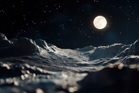 A serene lunar landscape showcases rugged terrain illuminated by a full moon against a star-filled sky.の写真素材