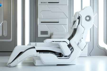 A reclining chair is positioned in a minimalist, futuristic interior, showcasing advanced design features.の写真素材