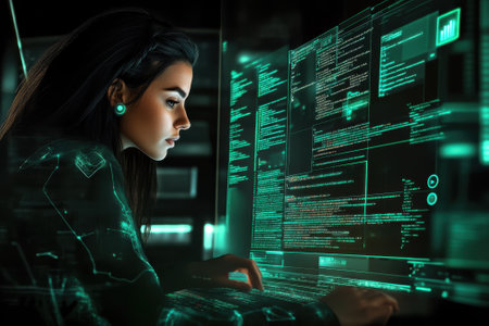 A young woman is focused on a glowing holographic screen displaying complex data in a dark, modern office.の写真素材