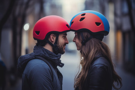 A couple stands close together, wearing vibrant helmets, enjoying a tender moment in a city street at dusk.の写真素材