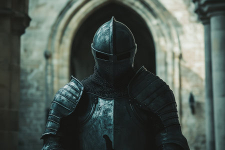 A knight in dark armor stands silently in a castle courtyard during twilight, embodying a sense of mystery.の写真素材