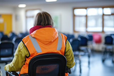 A person wearing a bright orange vest sits quietly in a hall filled with empty chairs, reflecting on the surroundings.の写真素材